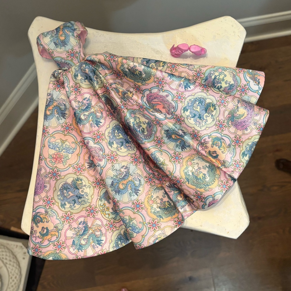 Barbie doll silky dragon themed multicolored ballgown dress & heels